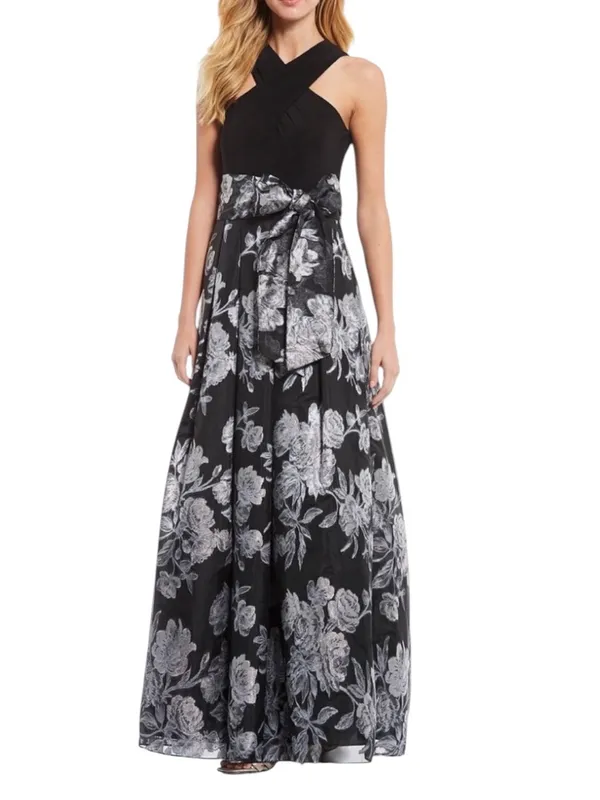 Eliza J Criss Cross Halter Neck Brocade Ling Dress Gown Black Silver Size 4 - Image 13