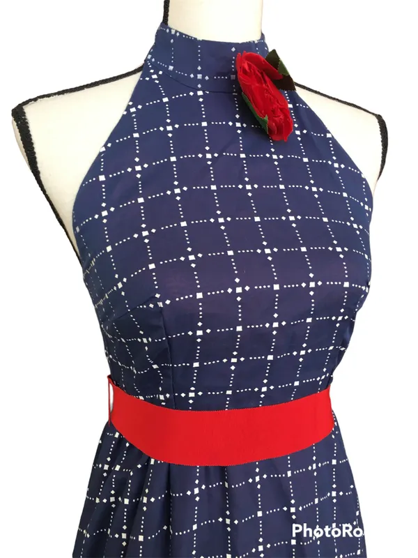 Vintage 70s House Of Bianchi Navy Blue Dot Check Maxi Dress Full Skirt Ruffle S - Image 3