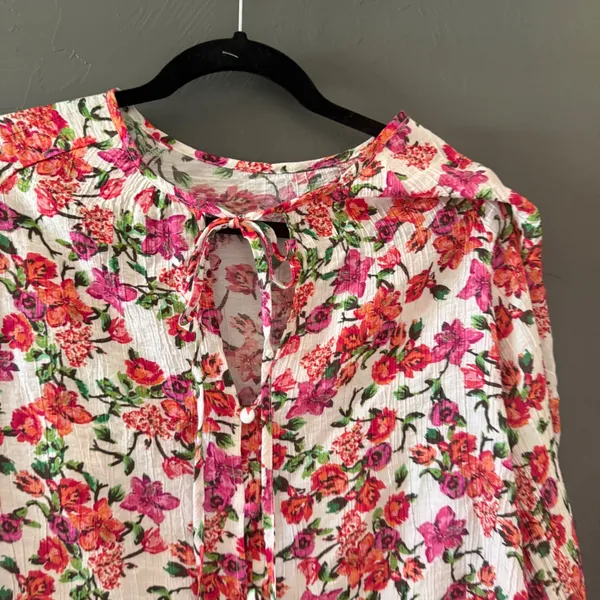 Floral Long Sleeve Tie Neck Blouse Pink Orange White Crinkle Boho Top‎ Womens XL - Image 2