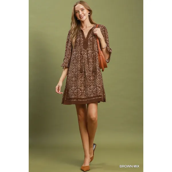 Umgee Mix Geometric‎ Print V-Neck Tassel Detail Tunic Dress - Brown Mix - Large - Image 5
