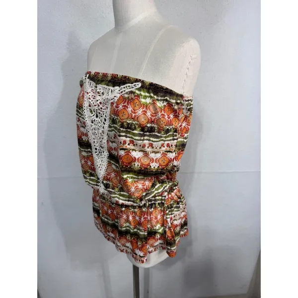 Weavers Boho Crochet Trim Printed Peplum Tube Top Rust‎ Olive Size XL New - Image 9
