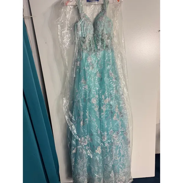 Morrell Maxie Size 4 Aqua White Floral Lace Off‎ Shoulder Formal Gown - Image 16