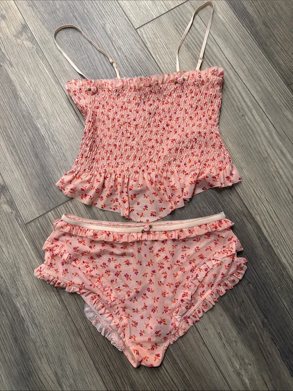 Anthropologie Smocked Ruffle Cami & Short/Brief Set - Pink Floral size small - Image 3