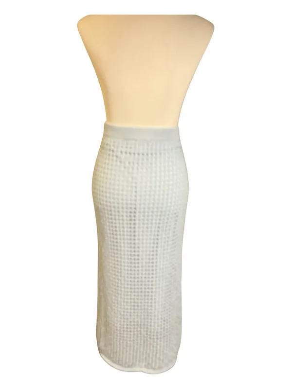 Steve Madden Ice Blue Open Knit Crochet Maxi Skirt L Lined Cover Up - Image 2