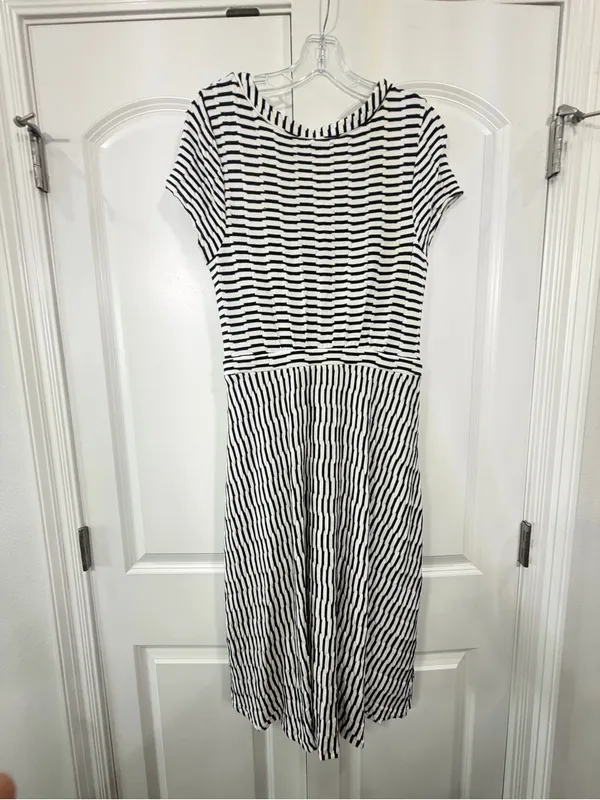 Anthropologie Black & White Striped Faux Wrap Midi Dress - Image 4
