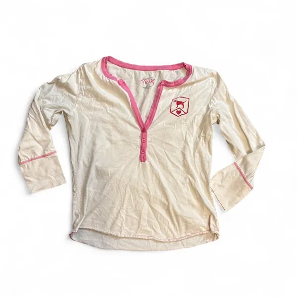 Vintage Y2K 2005 Victoria's Secret PINK Henley Top L White Pink Logo - Image 8
