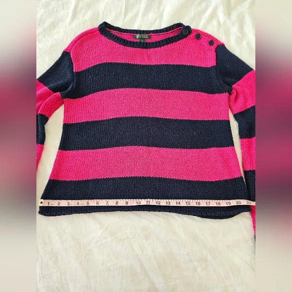 Lauren Ralph Lauren Pink & Navy Striped Button Shoulder Sweater – Size M - Image 7