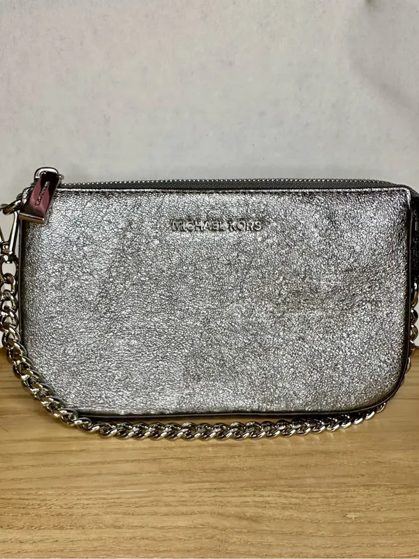 Michael Kors Pouchette Wrislet Gunmetal Metallic Leather Silver Chain Strap - Image 10