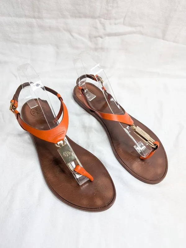Tory Burch Padlock Orange T-strap Logo Sandals Size 9 - Image 2
