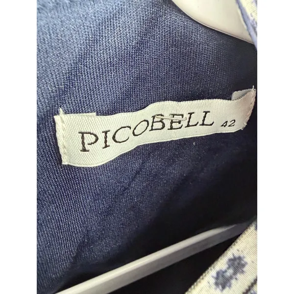 Picobell Womens Midi Dress Navy Blue Damask Pleated Tie Neck Size 42 - Image 6