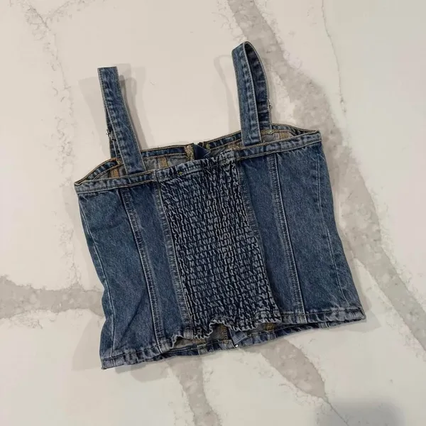 Zara y2k Denim Bustier Crop Top Womens Size Small Blue Smocked Back Front Zipper - Image 6