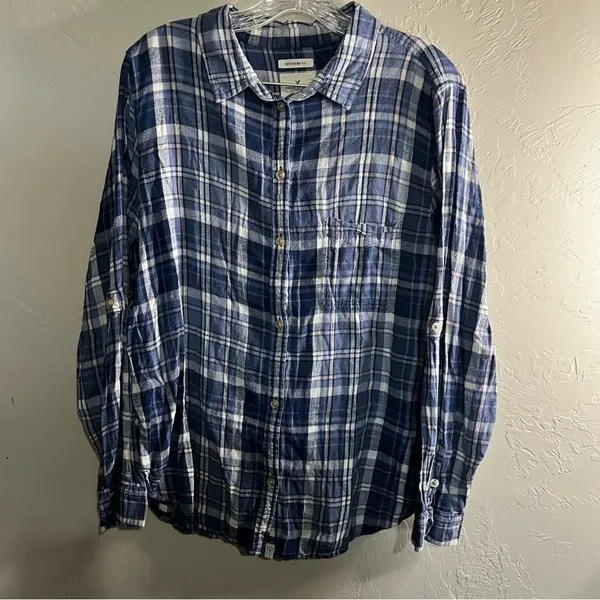 American Eagle Blue Hooded Cabin Flannel Button Down Shacket - Image 8