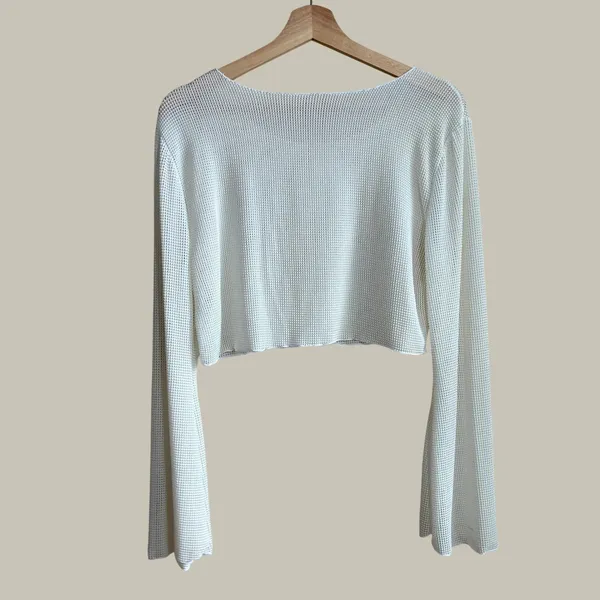 Unbranded Waffle Mesh Crop Top S White Womens Long Bell Sleeve Polyamide - Image 5