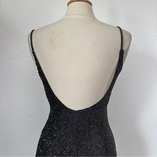 Jump Vintage 90s Black + Silver Glitter Full Length Sleeveless Prom Dress - Image 4