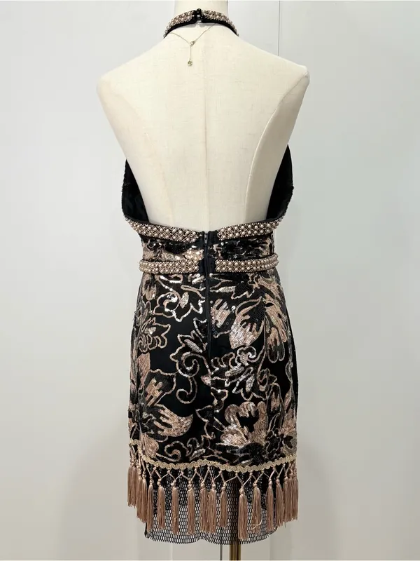 12th Tribe Like Gold Dust Fringe Mini Dress Large Black Sequin Festival Western - Image 7
