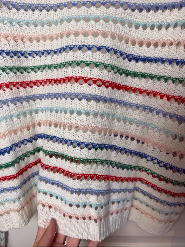 Striped Cream Crochet Crewneck Sweater with Multicolor Accents - Image 3