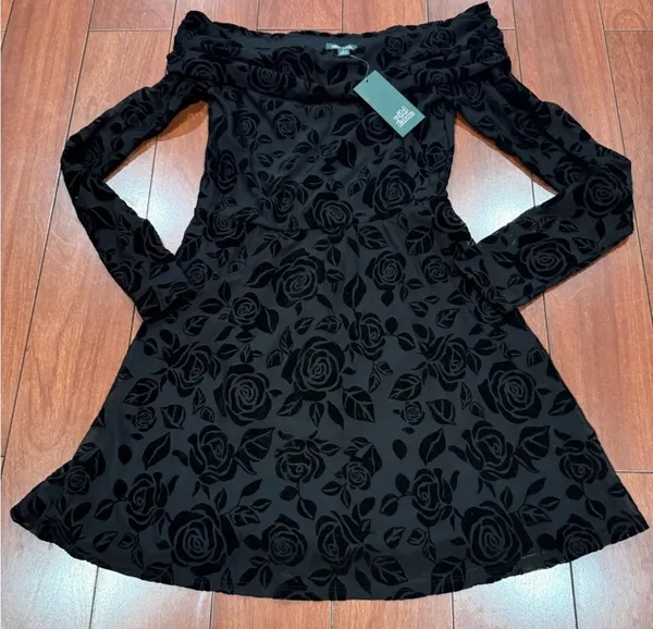 Wild Fable Women's Flocked Mini Fit & Flare Holiday Dress Floral Off Shoulder - Image 4