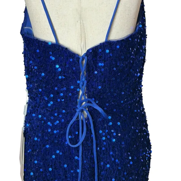 Stacees Gown Women 14 Royal‎ Blue Sequin Prom Lace Up Back Slit Train Formal NWT - Image 8