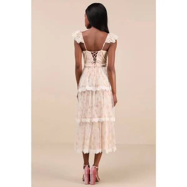 NWT Lulus Dolora Blush Floral Bustier Tiered Midi Dress Romantic Cottage Size S - Image 3