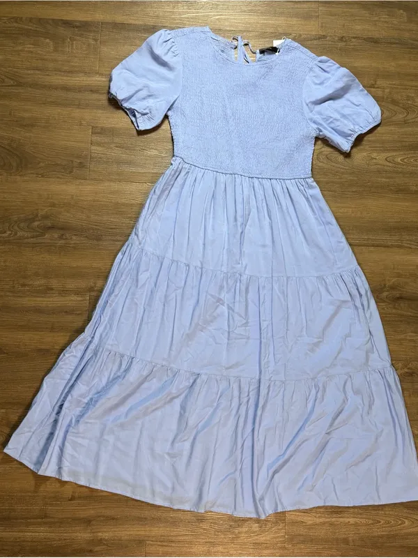 Smocked Bodice Puff Sleeve Maxi Dress in Light Blue - Image 3