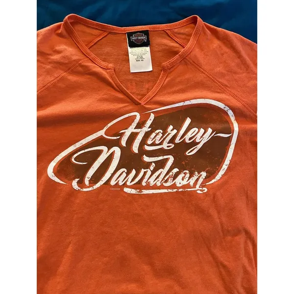 Harley Davidson T Shirt Orange & White Striped Sleeves Women XS Baton Rouge LA - Image 4