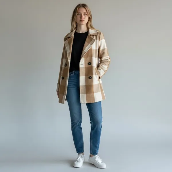 Bob Timberlake Plaid Wool Blend Pea Coat Women's Medium‎ Tan Beige Jacket - Image 2