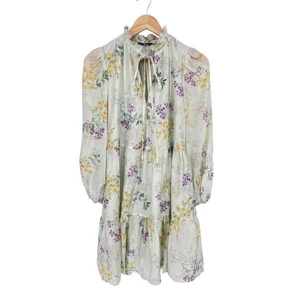Taylor Floral Tiered Smock Dress Small‎ Cream Yellow Purple Lyocell Coquette NWT - Image 3