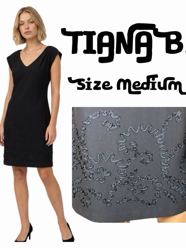 TIANA B. Black Floral Ribbon Appliqué V Neck Shift Dress Medium - Image 2
