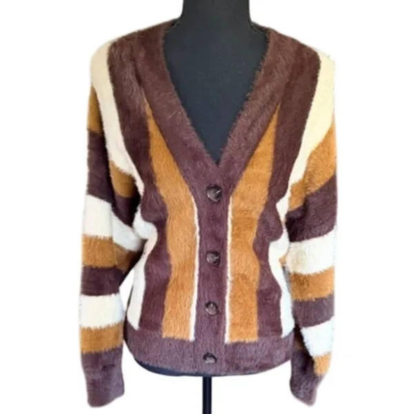 Industry Republic Clothing Women’s Large Fuzzy Striped Cardigan Brown Cream - Image 2