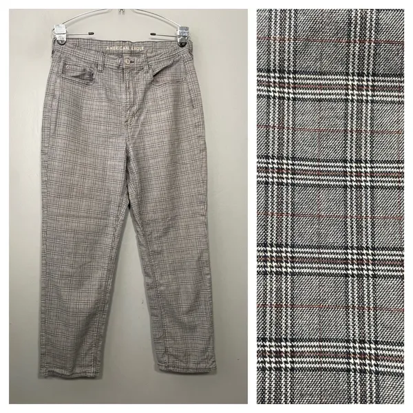 American Eagle Mom Straight Pants Size 14 Gray Plaid High Rise Preppy Trousers - Image 2
