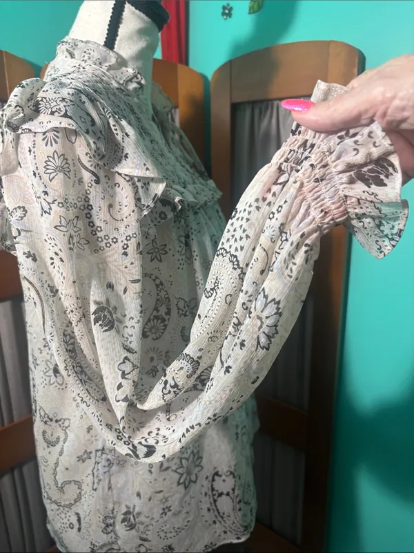 Boho Paisley Ruffle Blouse in Cream and Black - Image 7