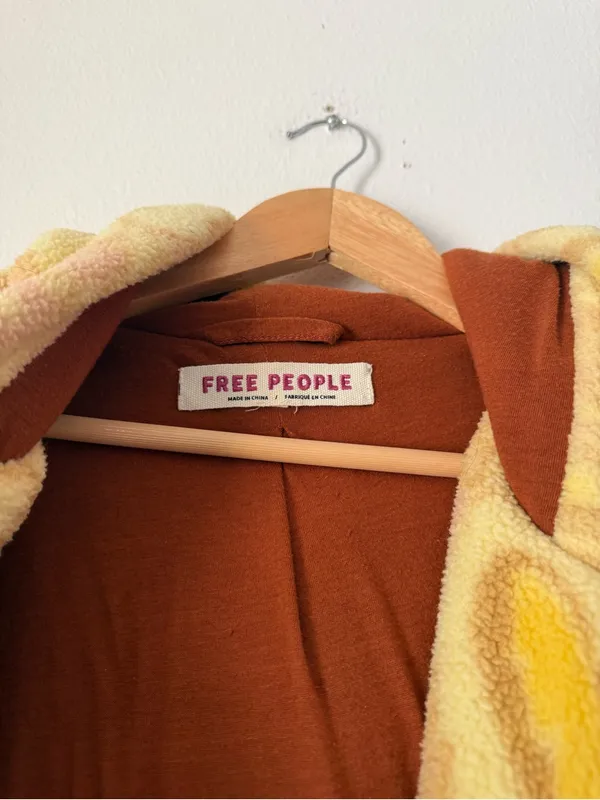 Free People Hooded Sherpa Jacket in Rust and Cream with Yellow Accents - Image 5
