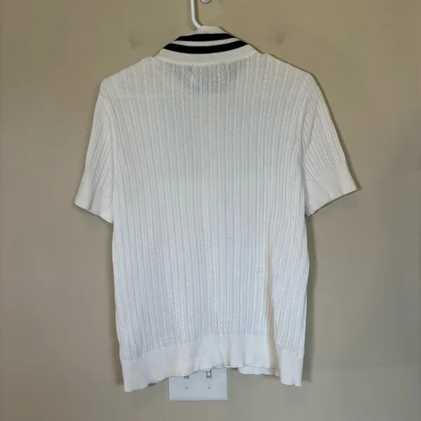 LRL‎ Lauren Ralph Lauren White Short Sleeve Zip-Up Sweater large cotton - Image 7