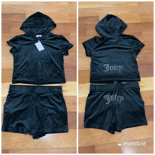 Juicy Couture NWT Tracksuit Set Womens Black Velour Rhinestone Hoodie Shorts L - Image 2