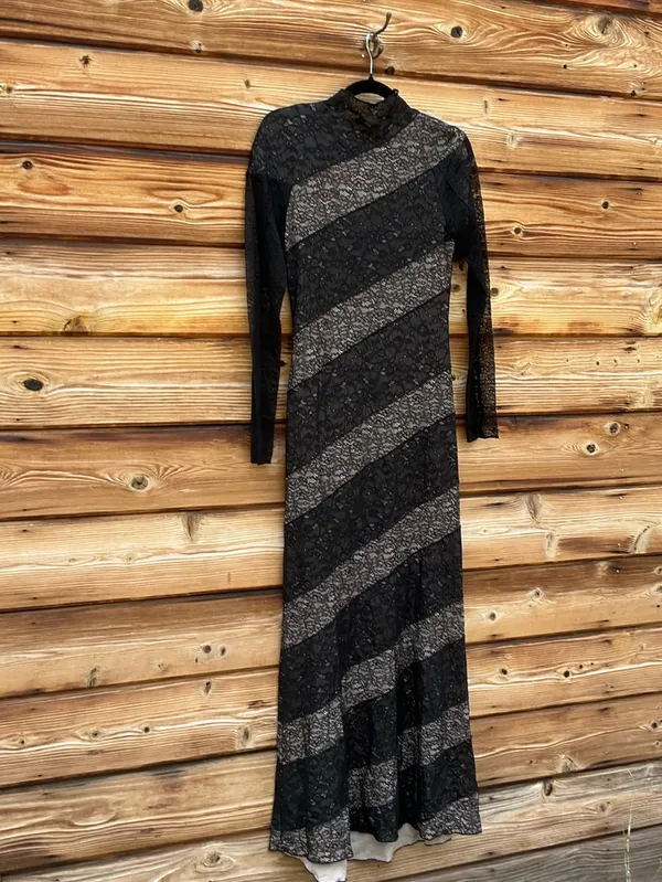 Alice + Olivia Black Nude Size 4 Lace Panel Long Sleeve Fitted Maxi Dress Gown - Image 6