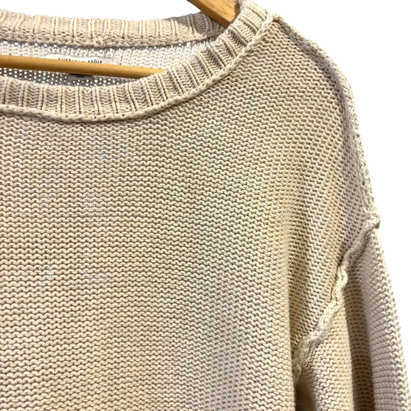 American Eagle Cropped Knit Sweater Chunky Crew Neck Cozy Neutral XS Boho - Image 2
