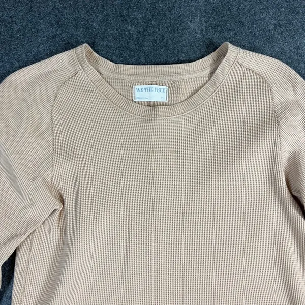 We The Free Free People Tan Waffle Knit Thermal‎ Long Sleeve Lettuce Hem Top M - Image 7