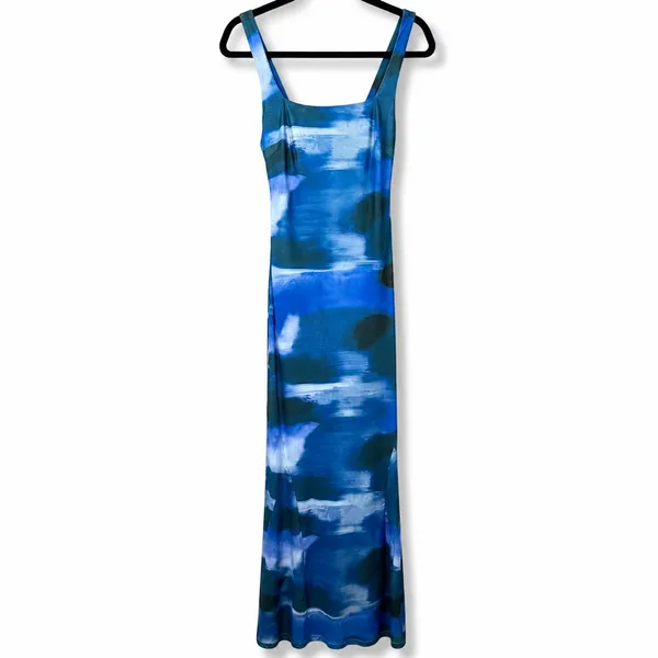 NEW Lulus Zemina Blue Abstract Godet Watercolor Pleated Mermaid Maxi Dress Small - Image 6