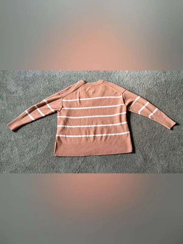 Aerie Women Tan Striped Oversized V-Neck Sweater Size L Cozy Slouchy Knit Soft - Image 6