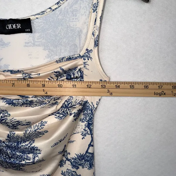 Cider Toile De Jouy Mini Dress Womens XXS Blue Cream Cowl Bodycon Cottagecore - Image 3