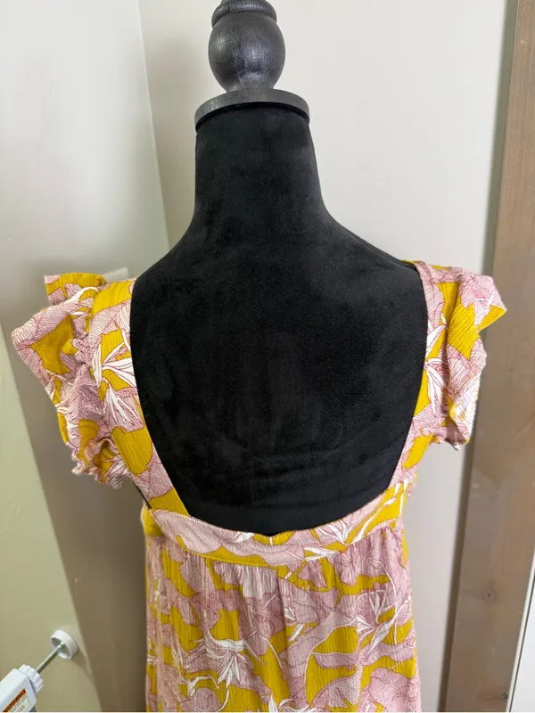 Knox Rose Square Neck Flutter Cap Sleeve Maxi‎ Dress Yellow Pink Floral Tropical - Image 9