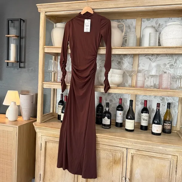 NWT Zara Draped Long Ruched Maxi Dress in Tobacco Brown Size XS - Image 12