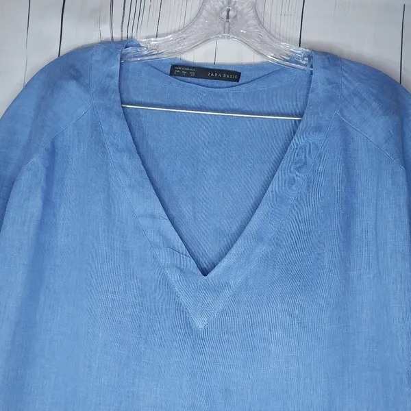 Zara Basic 100% Linen Blue V-Neck Relaxed Fit Everyday Casual Shift Dress Size S - Image 4