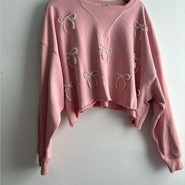 Peach Love California Pink and White Crew Neck Sweater - Image 2