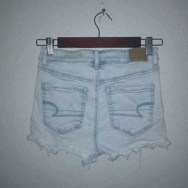 American Eagle 2 High Rise Shorty Jeans Light Wash Raw Hem Shorts - Image 3