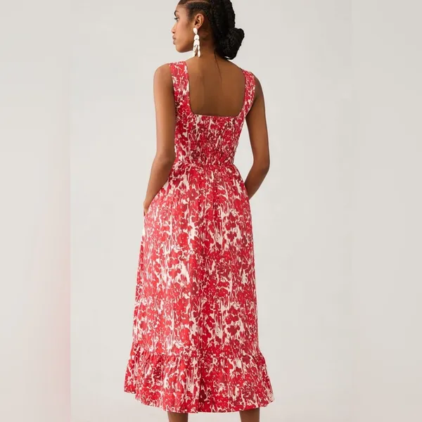 Anthropologie Aureta Square Neck Corset Midi A Line Dress Red White size M - Image 2