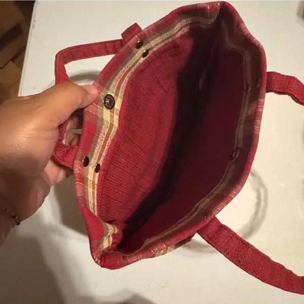 Longaberger Red Plaid Tote Bag Canvas Shoulder Carryall Market Travel Tote Small - Image 5
