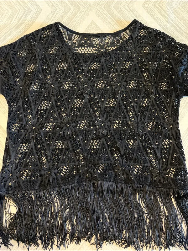 Drew Women’s Black Crochet Short Sleeve Top with Fringe Hem – Size Medium - Image 5