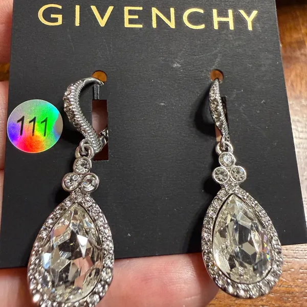 NEW Givenchy Silver Tone Clear Crystal Teardrop Dangle Leverback Earrings - Image 2