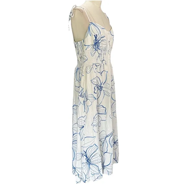 Gap Linen-Blend Smocked Corset Midi Dress Blue & White Floral Size Medium - Image 4